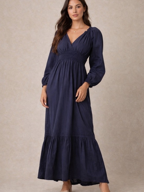 Patrons of Peace Dresses & Skirts - Navy Cotton Prairie Midi Dress Smocked Waist Puff Sleeve Cottagecore L